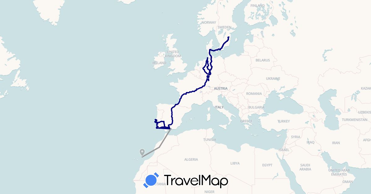 TravelMap itinerary: driving, plane in Germany, Denmark, Spain, France, Morocco, Portugal, Sweden (Africa, Europe)